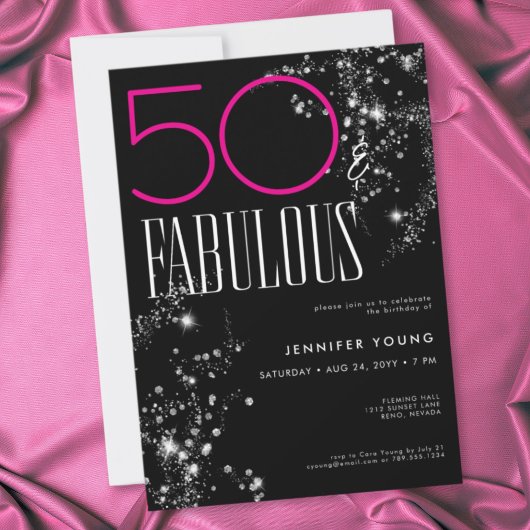 50歳の華麗なるお誕生日 ブラック ピンク ゴージャス スパークル 招待状