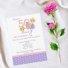 50歳の華麗なる誕生日 ピンクの花 フラミンゴ 招待状