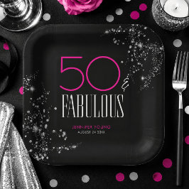 50歳の華麗なる誕生日 ブラック ピンク グラム スパークル ペーパープレート