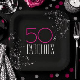 50歳の華麗なる誕生日 ブラック ピンク ゴージャス スパークル ペーパープレート