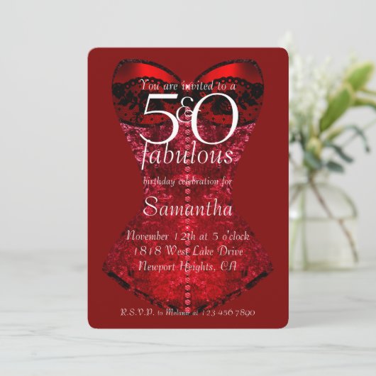 50歳の華麗なる誕生日 赤いコルセット 招待状 (スタンド正面)
