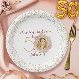 50歳の華麗なバースデーピンクフラワーフォト ゴールド ペーパープレート
