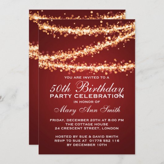 50歳の誕生エレガント日パーティの金ゴールド·ストリング·ライト（赤） 招待状 (正面/裏面)