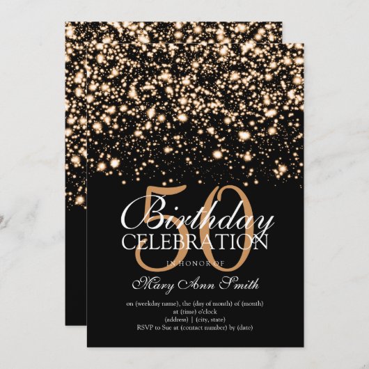 50歳の誕生エレガント日パーティー金ゴールド深夜の朝 招待状 (正面/裏面)