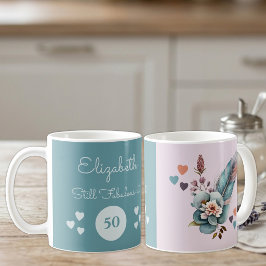 50歳の誕生日おめでとうフラワーモチーフ グリーン ピンク コーヒーマグカップ