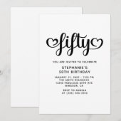 50歳の誕生日おめでとう かわいいハートの手書きフォントデザイン 招待状 (正面/裏面)