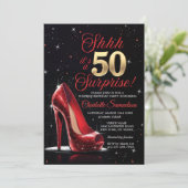 50歳の誕生日おめでとう ゴールドとレッドのハイヒール 招待状 (スタンド正面)