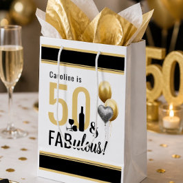 50歳の誕生日おめでとう ゴールド ブラック モダン ミディアムペーパーバッグ