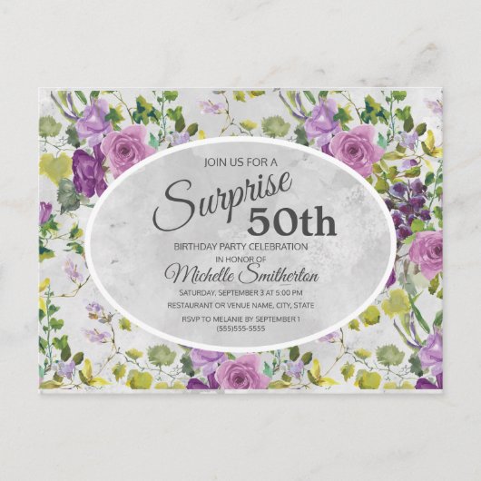 50歳の誕生日おめでとう パープルの水彩花と葉 ポストカード (正面)