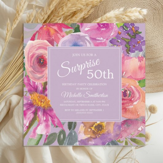 50歳の誕生日おめでとう パープル ピンク 水彩の野の花 招待状