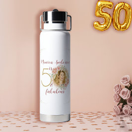 50歳の誕生日おめでとう ピンクの花とゴールドの写真入りバースデー ウォーターボトル