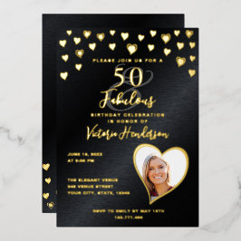 50歳の誕生日おめでとう ブラック＆ゴールド 写真入り 箔招待状