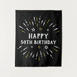 50歳の誕生日おめでとう! ブラック・ホワイト・ゴールドの花火 タペストリー