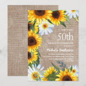 50歳の誕生日おめでとう - リネン風白いマーガレット黄色のひまわり 招待状 (正面/裏面)