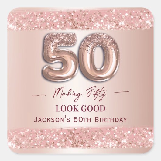 50歳の誕生日おめでとう ローズゴールド スクエアシール (正面)
