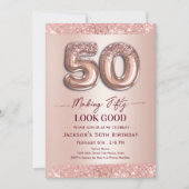 50歳の誕生日おめでとう ローズゴールド 招待状 (正面)