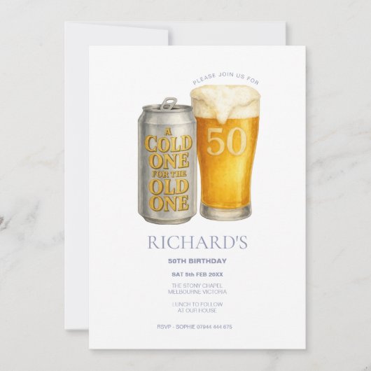 50歳の誕生日おめでとう、古いやつに冷たい1杯 招待状 (正面)