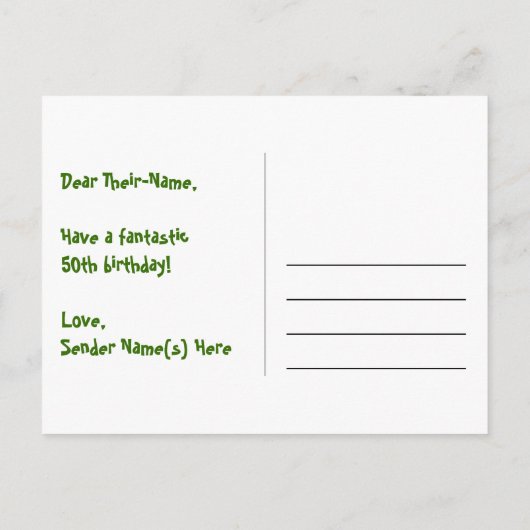 50歳の誕生日おめでとう!楽しいスターパターン、虹50、名前入り ポストカード (裏面)