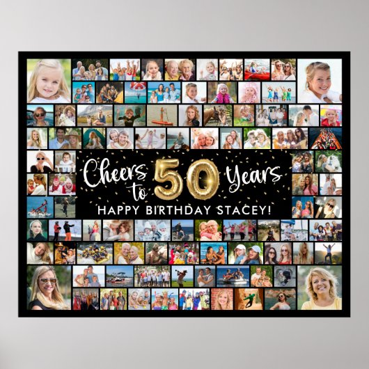 50歳の誕生日おめでとう 92枚の写真 ブラックゴールド ポスター (正面)