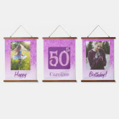 50歳の誕生日お祝いにピンクのグリッターが可愛い2枚の写真入り装飾 吊り下げ型タペストリー (トリプル)