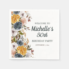 50歳の誕生日お祝いイエロー+ネイビーブルーの花模様ウェルカム スタンダードカクテルナプキン