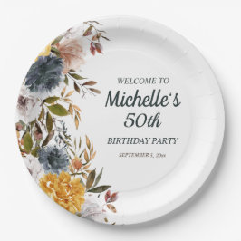 50歳の誕生日お祝いイエロー+ネイビーブルーの花模様ウェルカム ペーパープレート