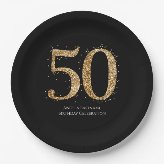 50歳の誕生日お祝いゴールドラメ ペーパープレート (正面)