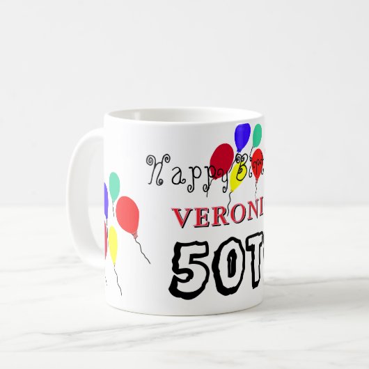 50歳の誕生日お祝いバルーン 赤 青 何歳でも コーヒーマグカップ (正面左)