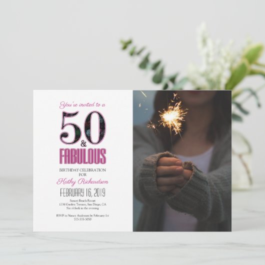 50歳の誕生日お祝いパーティーフォト ピンク 招待状 (スタンド正面)