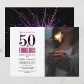 50歳の誕生日お祝いパーティーフォト ピンク 招待状 (正面/裏面)