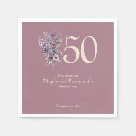 50歳の誕生日お祝いマウブクリームの花柄デザイン女性用 スタンダードカクテルナプキン