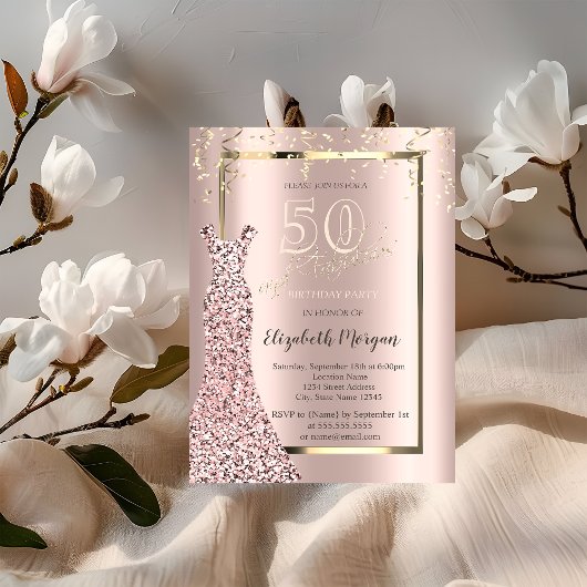 50歳の誕生日お祝いローズゴールドのスパンコールドレス 招待状