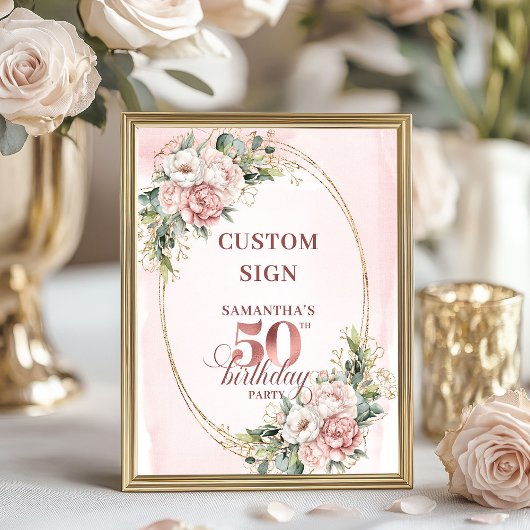 50歳の誕生日お祝い エディタブルなピンクの花の8x10サイン ポスター