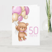 50歳の誕生日かわいいピンクのバルーン女の子テディカード カード (正面)