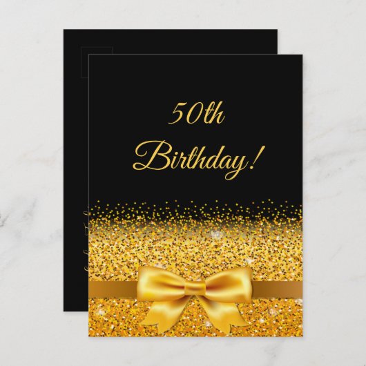 50歳の誕生日と黒の金ゴールド弓の招待状 ポストカード (正面/裏面)