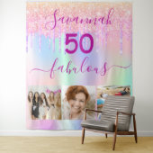 50歳の誕生日におしゃれなピンクとパープルのグリッター写真 タペストリー (インサイチュ)