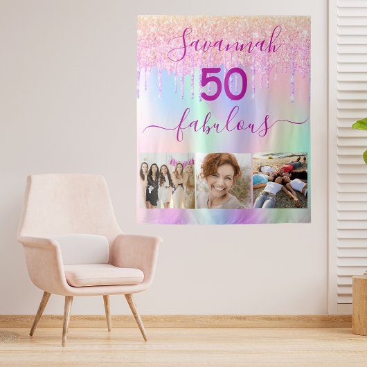 50歳の誕生日におしゃれなピンクとパープルのグリッター写真 タペストリー