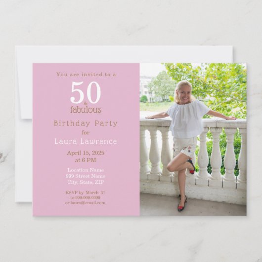 50歳の誕生日におしゃれなピンクの写真パーティー 招待状 (正面)