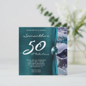 50歳の誕生日におしゃれな海の青とターコイズの瑪瑙デザイン 招待状 (スタンド正面)