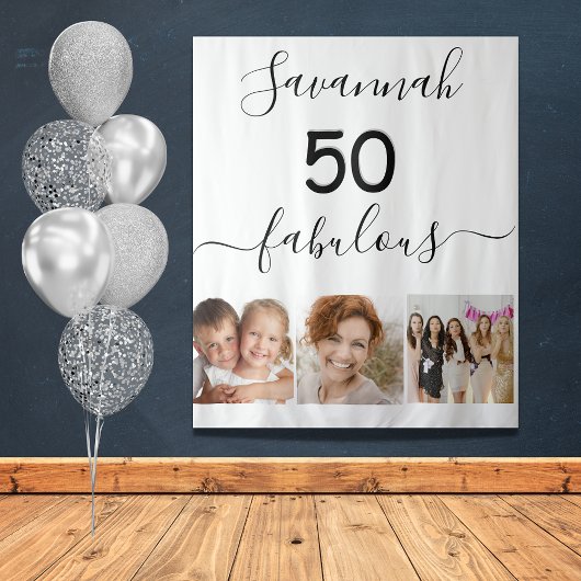 50歳の誕生日におしゃれな白い写真コラージュ タペストリー