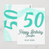 50歳の誕生日にお名前と日付と年と緑のパステルカラー太字を追加 ポストカード (正面/裏面)
