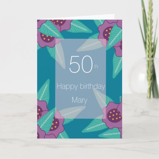 50歳の誕生日にお花のブルーとターコイズのモダンなカード シーズンカード (正面)