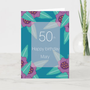 50歳の誕生日にお花のブルーとターコイズのモダンなカード シーズンカード