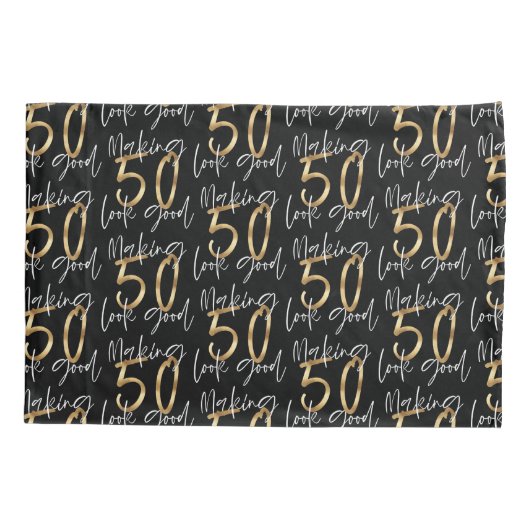 50歳の誕生日に贈パーソナライズされたり物の黒金ゴールド 枕カバー (裏面)