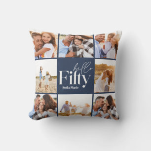 50歳の誕生日のネイビーモダンフォトコラージュシンプル クッション
