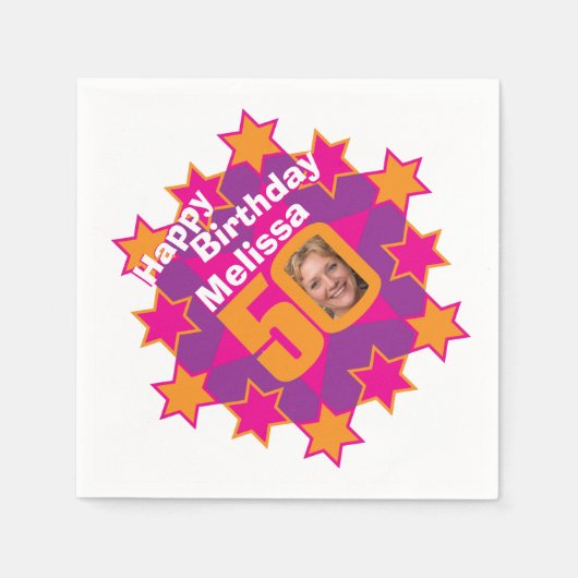 50歳の誕生日の写真と名前ピンクスターナプキン スタンダードカクテルナプキン (正面)