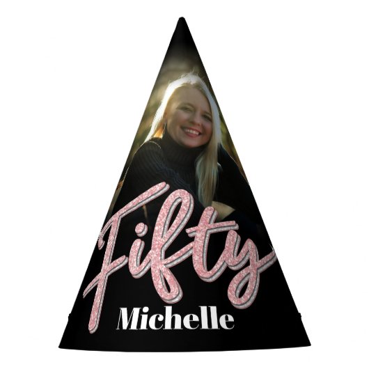 50歳の誕生日の写真パーソナライズされたグリッターピンクの名前 パーティーハット (正面)
