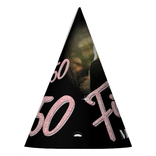 50歳の誕生日の写真パーソナライズされたグリッターピンクの名前 パーティーハット (左)