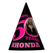 50歳の誕生日の写真パーソナライズされたピンク色の黒 パーティーハット (正面)