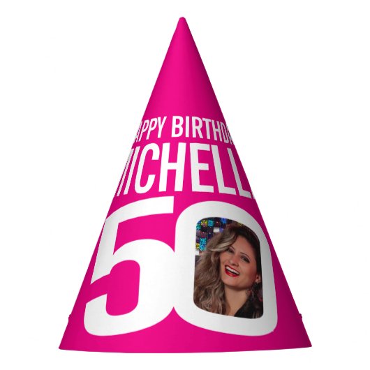 50歳の誕生日の写真ホイパーソナライズされたトホットピンク パーティーハット (正面)